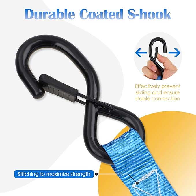 Ratchet Straps 4 Pack - 2,200 Lbs Break Strength 1 in x 15 Ft Medium Duty Ratchet Tie Down Straps with S Hooks Set for Truck, Cargo Van, Trailer, Motorcycle (Blue)