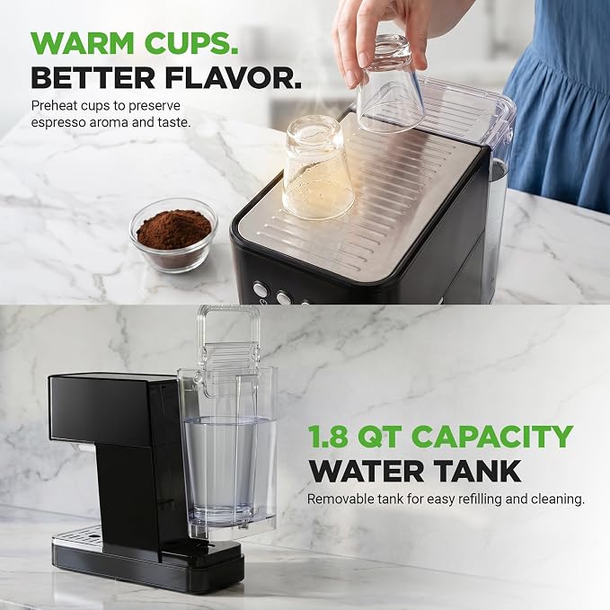 NutriChef 20-Bar Espresso Maker With Milk Frother | Removable 1.8 Quart Water Tank | Coffee Maker for Brewing Espresso, Cappuccino, Latte, Americano & Cold Brew Coffees | Black