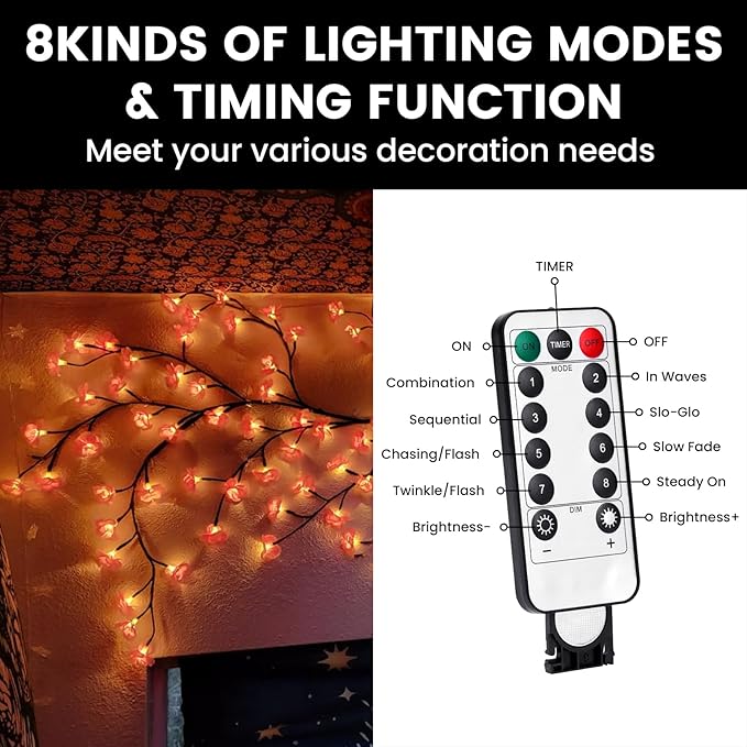 LED Tree Branch Lights for Wall 5.91 FT 96LEDs Cherry Blossom Lights with Remote and 8 Lighting Modes Cherry Blossom Garland Willow Vine Light for Bedroom Indoor Wall Wedding Christmas Decor