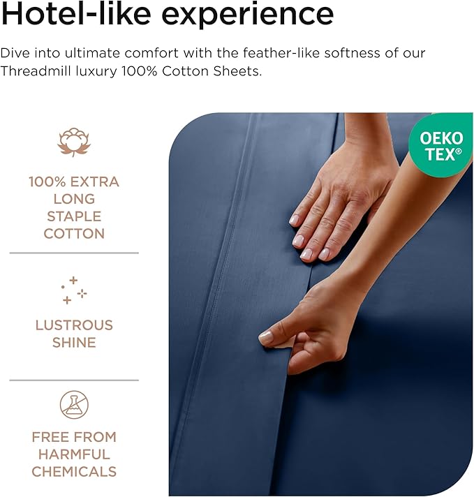 Threadmill Luxury 800 Thread Count California King 100% Cotton Sheets - Folkstone Blue Sateen Weave Bed-Sheets, Better Than Egyptian Cotton, 4 Pc Solid Bed Set, Fits 16" Deep Pocket