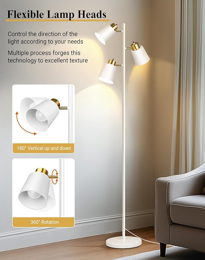 QiMH Tree Floor Lamps for Living Room, 67" Modern Standing Floor Lamp with 3 LED Bulb, Industrial Tall Lamp Reading Lighting for Bedroom Study Office Decor, 3 Rotatable Light Heads, White Gold