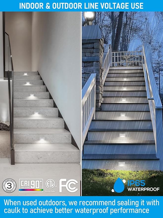 LEONLITE White 5CCT 120V LED Step Lights, 150LM 5%-100% Dimmable Stair Lights Indoor Outdoor IP65 Waterproof, Aluminum Anti-Glare Shell, CRI90 ETL 2700K/3000K/3500K/4000K/5000K, Pack of 3