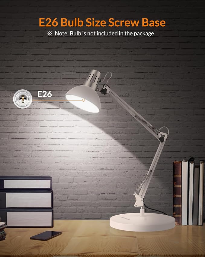 LEPOWER Metal Adjustable Desk Lamp with Clamp, Swing Arm for Home Office | Gooseneck, Architect Style, Eye-Caring Table Lamp, On/Off Switch, E26 Base, Reading for Dorm, Bedroom, Study, Back to School