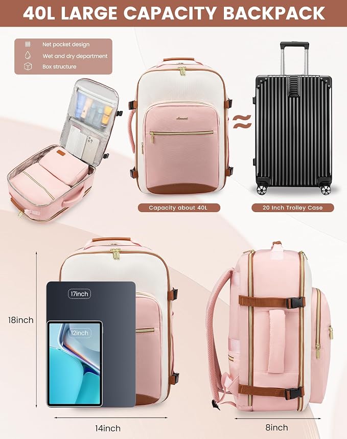 LOVEVOOK 40L Travel Backpack for Women & Men, Airline Approved Carry On Luggage with 3 Packing Cubes, TSA Overnight Bags, Waterproof Personal Item Bag, Weekender Essentials Backpacks fits 17" Laptop