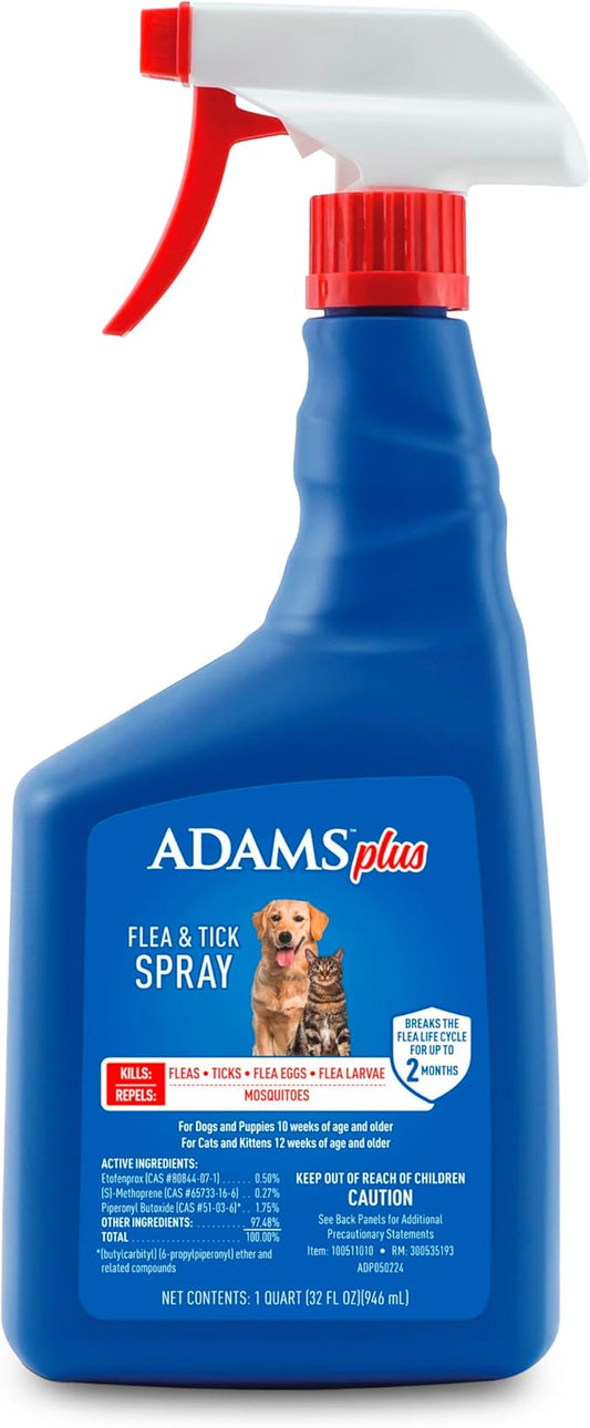 ADAMS Plus Flea & Tick Dog and Cat Spray, Kills Fleas & Ticks, Repels Mosquitoes, Prevents Flea Infestations for up to 2 Months, Flea Treatment for Dogs, Cats, Puppies, & Kittens, 32 Fl oz