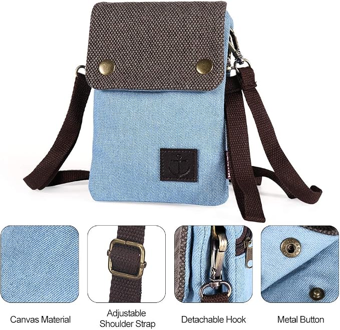 Dlames Canvas Small Cute Crossbody Cell Phone Purse Wallet Bag with Shoulder Strap for iPhone 15 Pro 14 Pro 13 Pro Galaxy S23 S22 S21 Google Pixel 5 4 3 - Blue