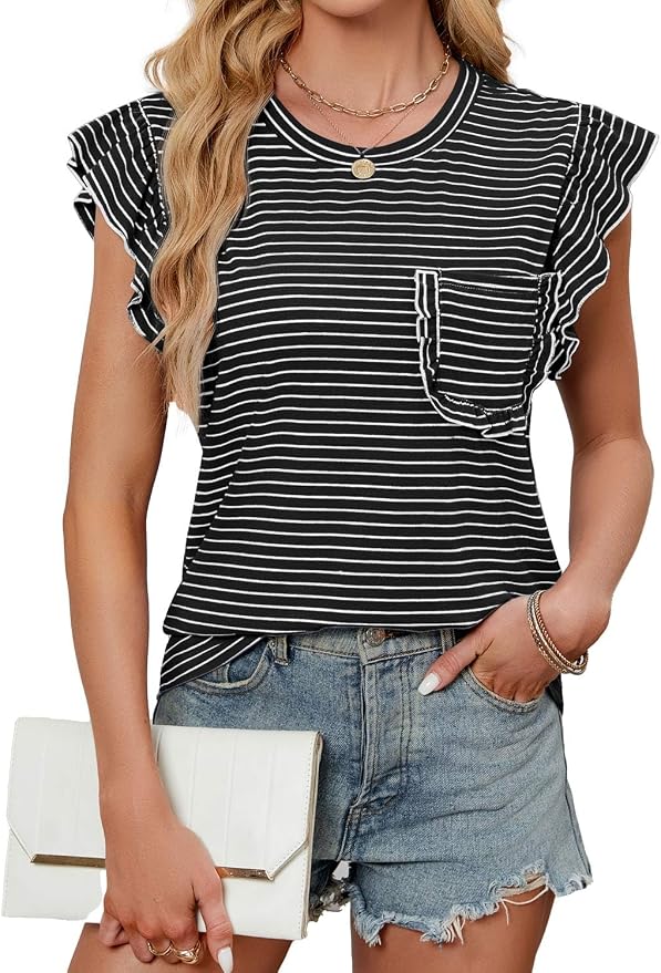JUSTFASHIONNOW Womens Summer Tops Striped T-Shirts 2026 Ruffle Short Sleeve Crew Neck Casual Blouses with Pocket