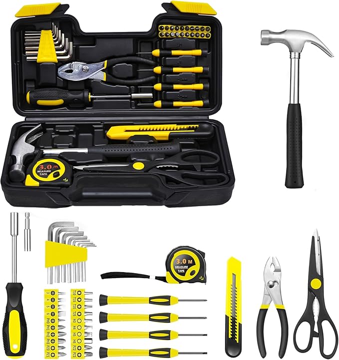 39 Piece Tool Set General Household Tool Kit - Basic Home Tool Set Small Hand Tool Kit with Plastic Toolbox Storage Case for Home Garage Office College Dormitory Use Yellow