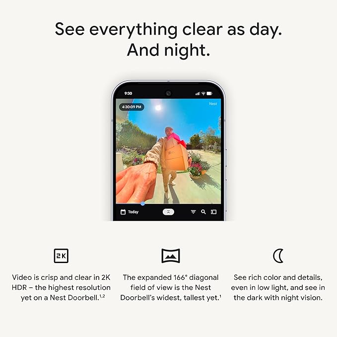 Google Nest Doorbell (Wired, 3rd Gen) - 2K Video, Live View - 2025 - Snow | Video doorbell, 2K HDR, intelligent alerts, color night vision, 2-way audio, works with Google Home & Gemini