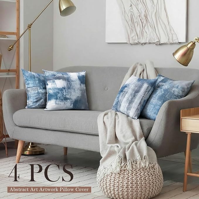 Set of 4 Blue and Grey Abstract Art Artwork Pillow Cover 16 x 16 Inch, Gallery Modern Decorative Throw Pillows Cushion Cover for Bedroom Sofa Living Room | Double-sided vibrant artwork accent cushion covers. Perfect decorative pillows for couch, sofa, ...