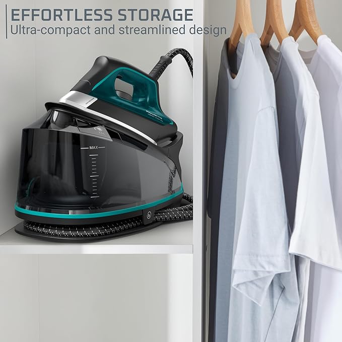 Rowenta Iron for Clothes, High Pressure Steamer Iron with Boiler System, 400 Steam Holes, Vertical Steaming, 37oz Tank, Stainless Steel Soleplate, Auto-Off 1800 watts, Black Green, DG7626