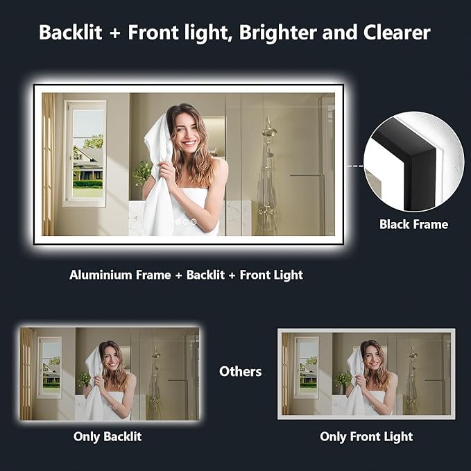 72x36 Inch LED Bathroom Mirror with Lights (Front Lit and Backlit) Black Framed Lighted Vanity Mirror for Bathroom Wall Dimmable Anti-Fog Memory Tempered Glass Horizontal/Vertical