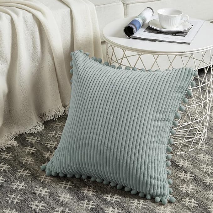 Fancy Homi 24x24 Pillow Covers, Pack of 2 Grey Blue Throw Pillow Covers with Pom-poms, Super Soft Corduroy Square Solid Cushion Cover for Couch Sofa Bedroom Living Room 60x60 cm