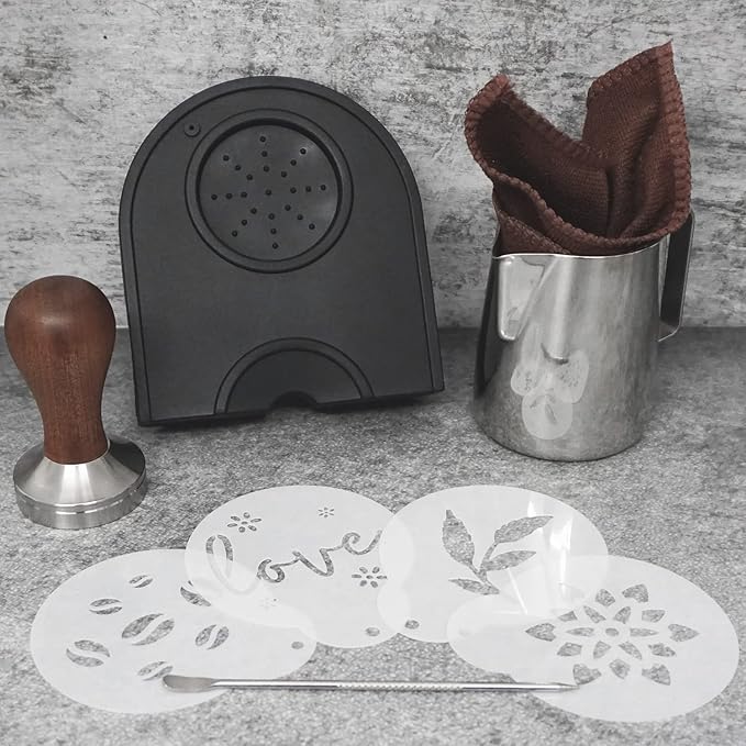 51mm Coffee Tamper Set Barista Kit for Portafilter Machine Wooden Espresso Tamper with Tamper Mat, Frothing Pitcher (350 ml/11.836 oz), Barista Towel, Latte Art Pen and Decorative Stencils
