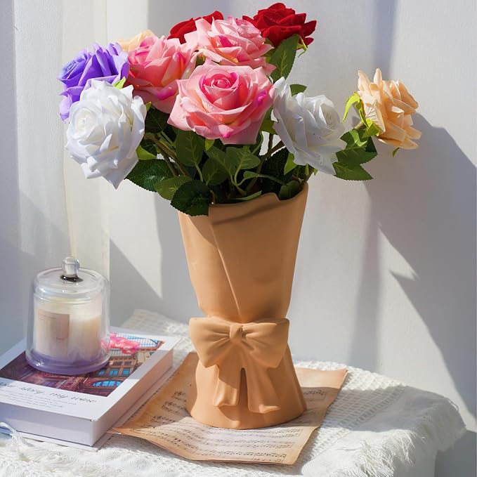 Relexome Beige Ceramic Bow Vase 9.64 in Unique Cute Modern Decorative Bouquet Flower Vases for Home Living Room Table Decor Women Girl Gifts