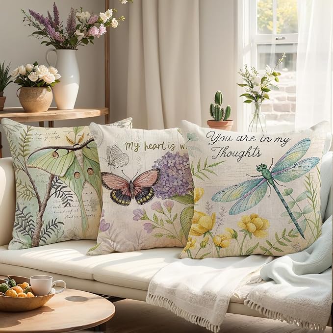 wyooxoo Throw Pillow Covers 20x20 Set of 4 Spring Summer Pillow Covers Linen Flower Butterfly Farmhouse Pillowcases for Sofa Couch Living Room Outdoor