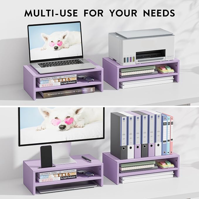BONTEC Wooden Monitor Stand Riser, 2-Tier Desk Shelf with Storage Organizer, Ergonomic Computer Stand with Cable Management, Cellphone Holder, Purple, 16.5 Inch