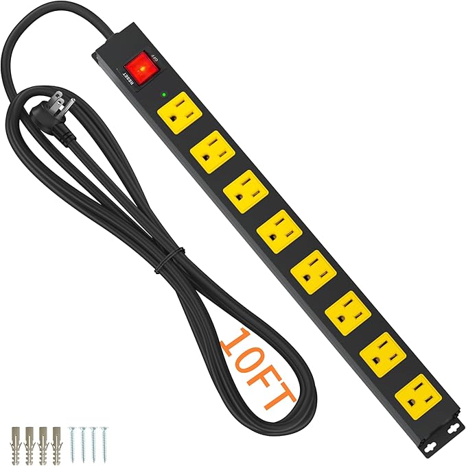 8 Outlet Power Strip 2100J Surge Protector, 10FT Heavy Duty Extension Cord Wide Spaced Outlet and Wall Mount Metal Powerstrip for Home Office Garage Workshop