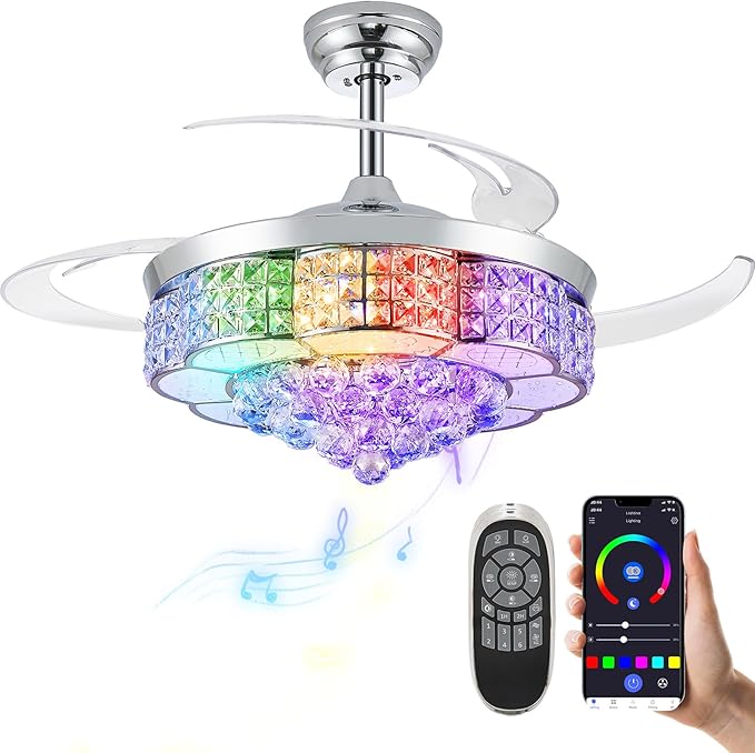 48" RGB Bluetooth Ceiling Fan with Light and Speaker, Retractable Blades Crystal Fandelier Music Player LED Chandelier Silver