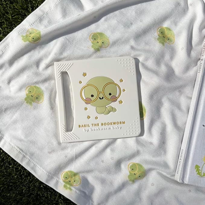 Basil The Bookworm Baby Teether - Premium BPA Free Silicone Teething Toy | Perfect for Baby Showers | Unique Book-Shaped Design | Freezer & Dishwasher Safe (Age: 3+ Months)