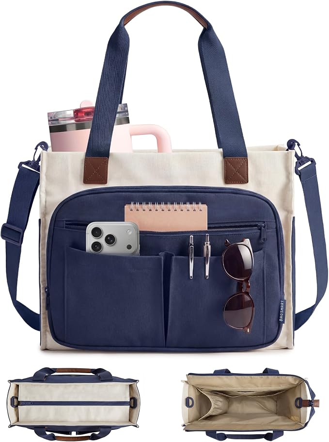BAGSMART Small Tote Bag for Women, 13'' Laptop Canvas Work Bag with Zipper | 30oz/40oz Tumble & 11 Pockets Travel Tote, Teachers/Nurses, Lightweight Canvas or Water-Resistant Puffer Taslon Crossbody Bag