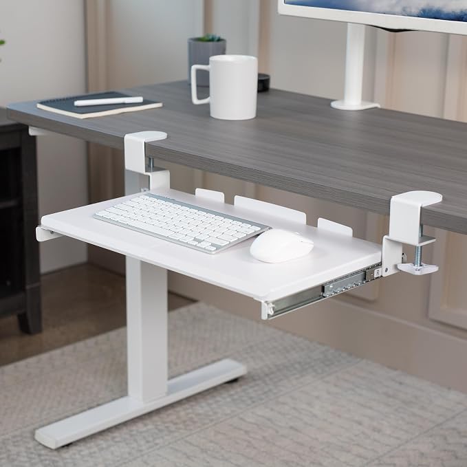 VIVO Small Keyboard Tray, Under Desk Pull Out with Extra Sturdy C Clamp Mount System, 20 (26 Including Clamps) x 11 inch Slide-Out Computer Platform Drawer, White, MOUNT-KB05ES-W | Keyboard Tray for Typing, Slide Out Platform, Extra Sturdy C-Clamp Moun...
