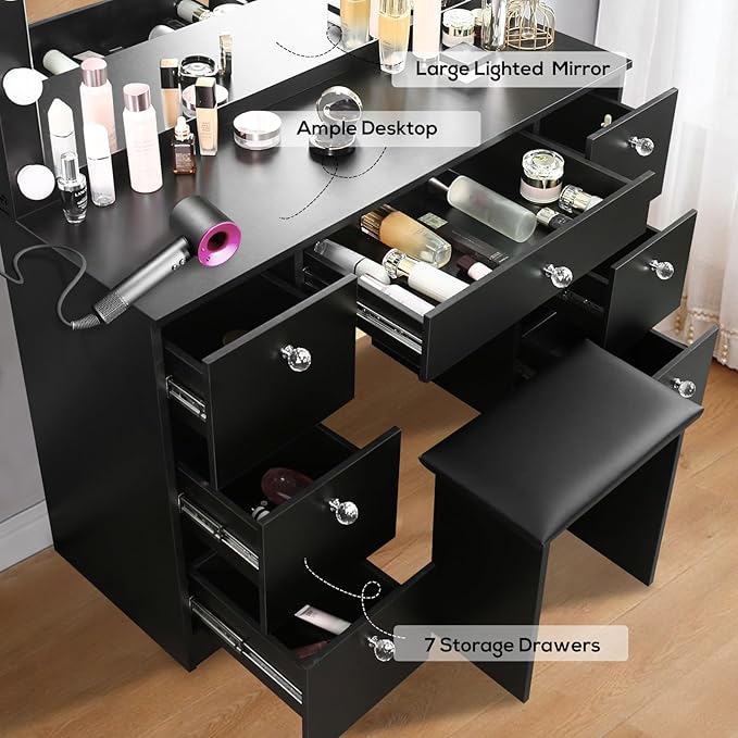 SMOOL Vanity with Lighted Mirror, Makeup Vanity Desk with Power Outlet and LED Bulbs, 3 Color Lighting Modes Adjustable Brightness, 7 Drawers Vanity Table with Cushioned Stool for Bedroom,Black