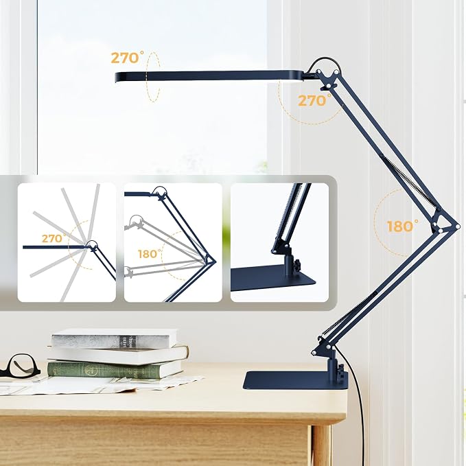 SKYLEO LED Desk Lamp with Slim Base - Adjustable Swing Arm Desk Light, Dimmable, Timer, Eye Protection, Memory Function, 1300LM, 12W, Blue