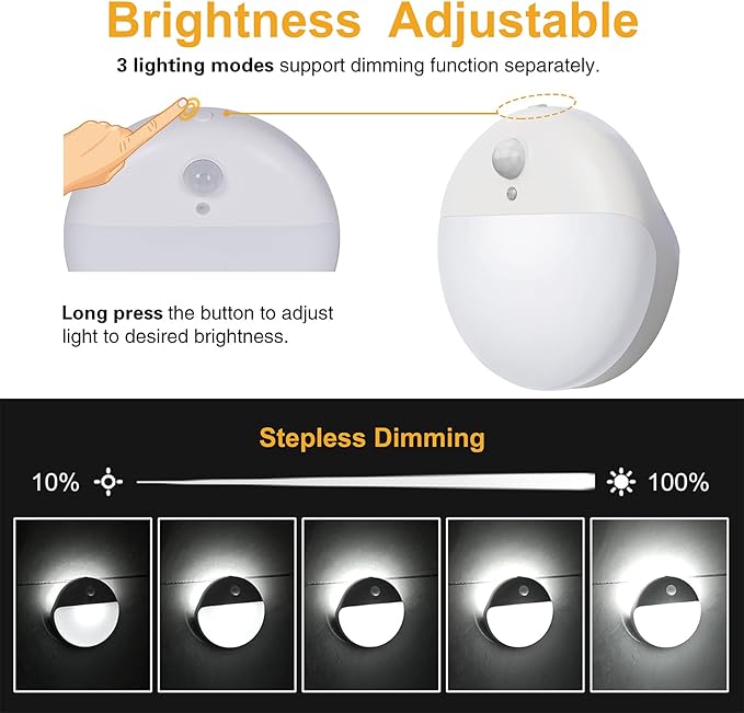 6 Pack Battery Night Light, Toilet Lights, 2.6" Small Motion Senor Light, Stick on Lights, 3 Light Modes, Dimmable LED Nightlight for Closet, Stairs, Garage, Cabinet, Toliet, Daylight White