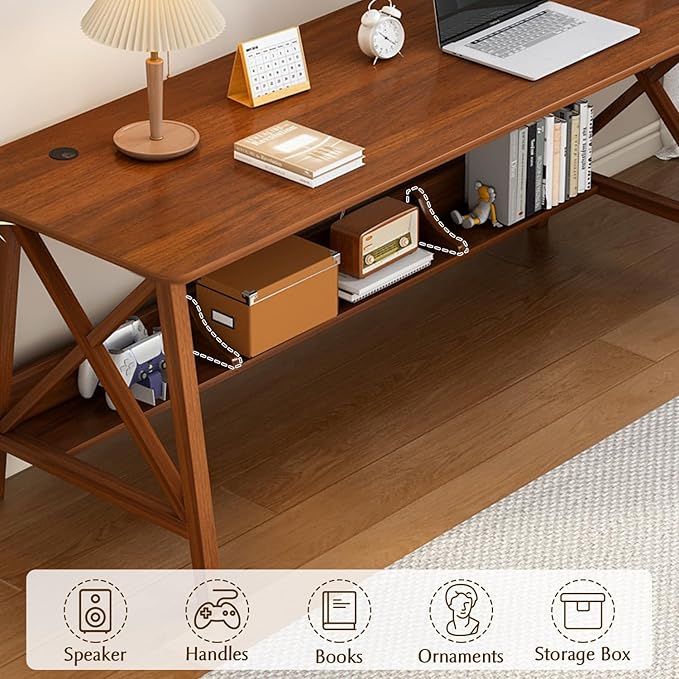 NELYE Extra Long Writing Desk with Bookshelf, 71" Wx24 Dx30 H, Walnut | Wooden Home Office Work Study Table, Computer Gaming Workstation with Storage Shelf, Sturdy MDF Resists Wobble