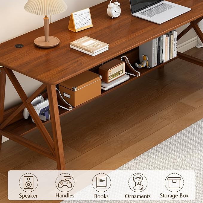 NELYE Extra Long Writing Desk with Bookshelf, 55" Wx20 Dx30 H, Walnut | Wooden Home Office Work Study Table, Computer Gaming Workstation with Storage Shelf, Sturdy MDF Resists Wobble
