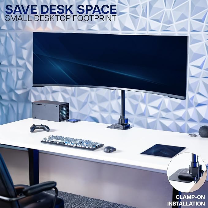 VIVO Clamp-on Single Ultra Wide Monitor Desk Mount, Low Profile Heavy Duty Adjustable Stand for 1 Ultrawide Screen up to 57 inches, 59.4 lbs Capacity, Black, STAND-V157C
