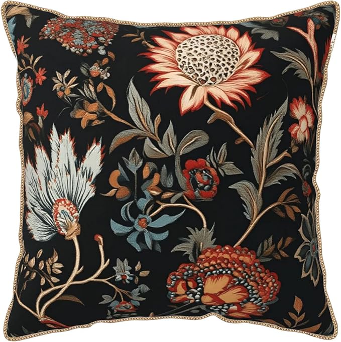 Vintage Red Orange Blue Floral Velvet Pillow Covers 18x18 Inch Retro Abstract Boho Flowers Throw Pillows For Couch Cushion Covers Pillowcase Bohemian Farmhouse Pillow Cases for Sofa Bed Bedroom