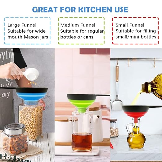 Funnels for Filling Bottles, Wide Mouth Canning Funnel for Kitchen Use Mason Jars, Small Funnel for Transfer Liquid, Oil and Powder, Food Grade Silicone Collapsible Filter Set (3 Pack)