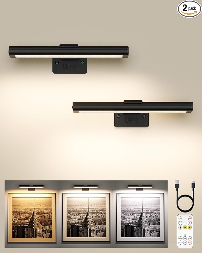 EZVALO Picture Light for Wall, Rechargeable 2400mAh Lights Wireless with IR Remote, 3 Color & Dimmable Magnetic 7.87'' LED Lights Display for Painting, Living Room, Gallery, Bedroom Art(Black-2P)