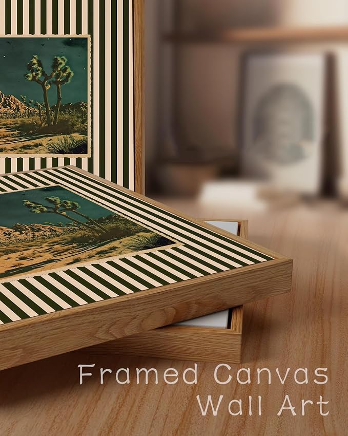 ZZLWBKGL Desert Canvas Art Boho Framed Wall Art for Living Room 8x10in | Vintage Western Artwork Southwestern Cactus Picture Mid Century Striped Paintings for Bedroom Study