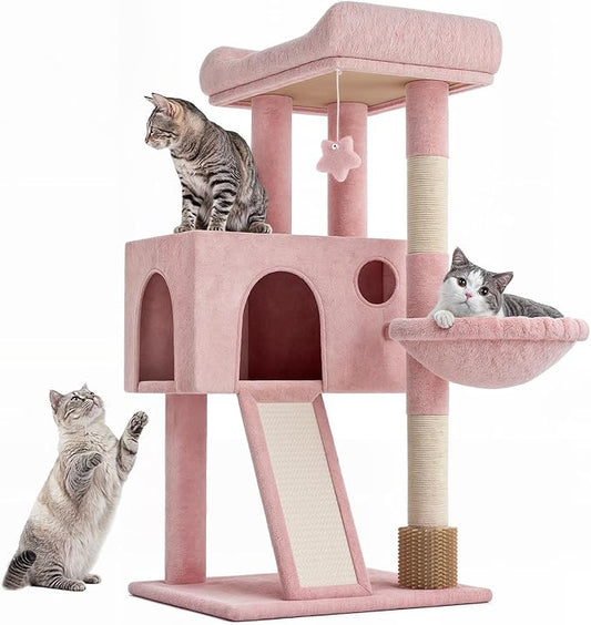 36-Inch Cat Tree for Small Cats, Multi-Level Cat Tower with Scratching Posts, Hammock, Cozy Condo & Scratching Board, Soft Pink Cat Furniture for Indoor Use