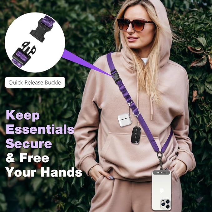 MoKo Universal Phone Lanyard, Nylon Adjustable Cell Phone Crossbody Strap Detachable Women & Men Cellphone Lanyards Around the Neck with Patches for iPhone, Most Smartphones, Dark Purple