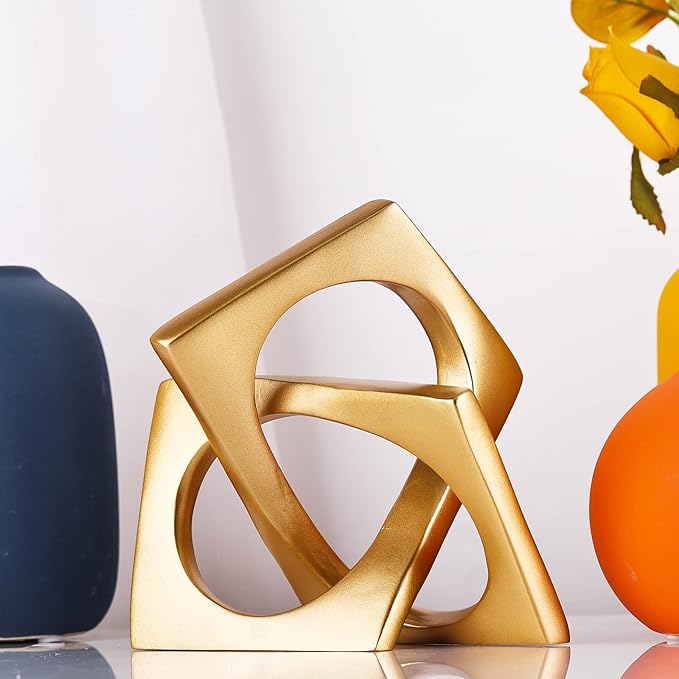 XMGZQ Gold Knot Statue for Coffee Table Centerpiece Decor,Modern Abstract Art Geometric Sculpture and Figurines, Home Decor Accent,Cube Knick Knacks for Shelves,Bookshelf,Entryway,Floating
