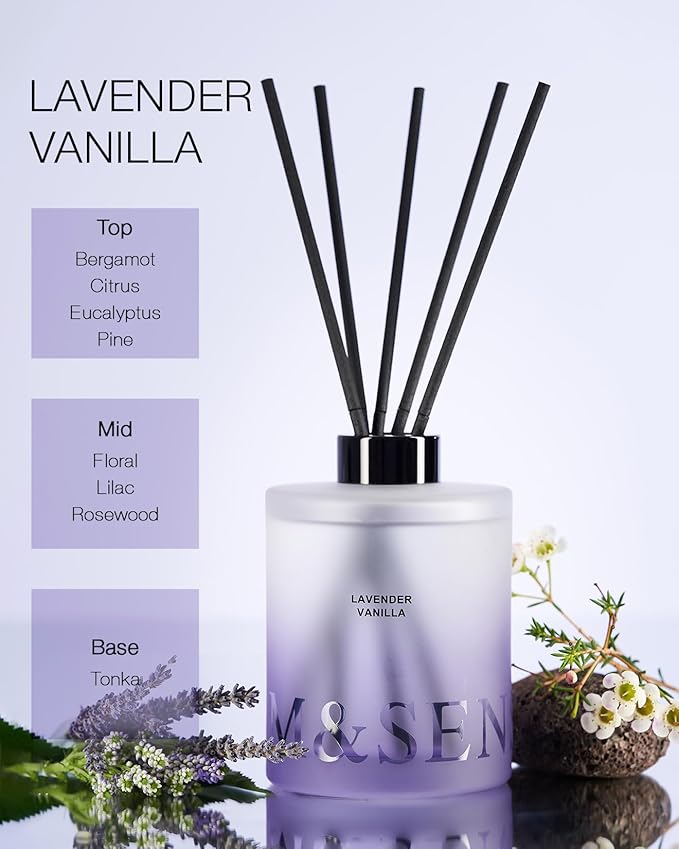 M&SENSE Lavender Vanilla Reed Diffuser Set - 16.9 fl oz Long-Lasting Home Scent Diffuser with Sticks, Natural Essential Oil Diffuser Gift for Office, Bedroom Bathroom