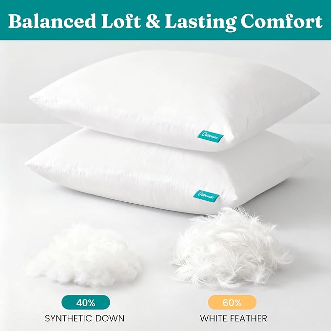 Oubonun 18x18 Feather Down Alternative Throw Pillow Inserts, 100% Cotton Cover, Medium Firm Decorative Pillow Inserts for Couch, Sofa, Bed, Chair (Set of 2)