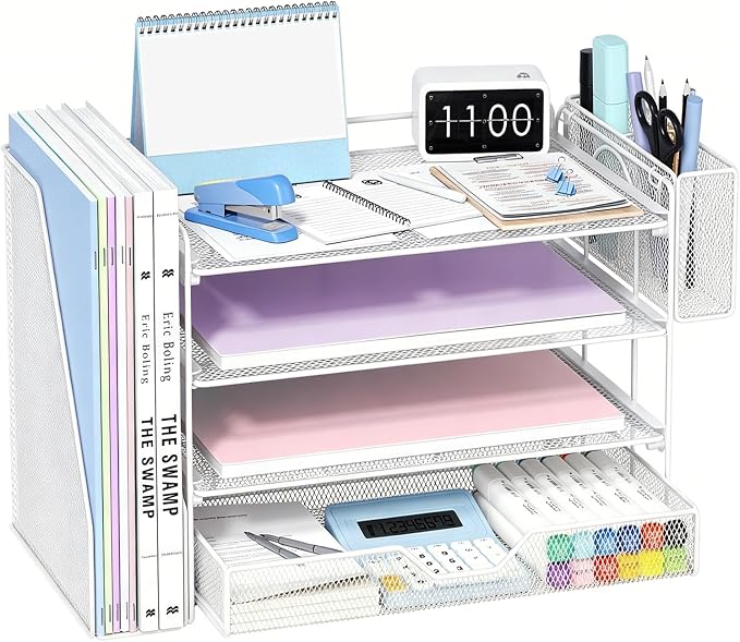 OPNICE Desk Organizers and Accessories, 4-Tier Desktop File Organizer with Drawer and Pen Holders, Office Desk Accessories Workspace Organizers for Office Supplies (White)