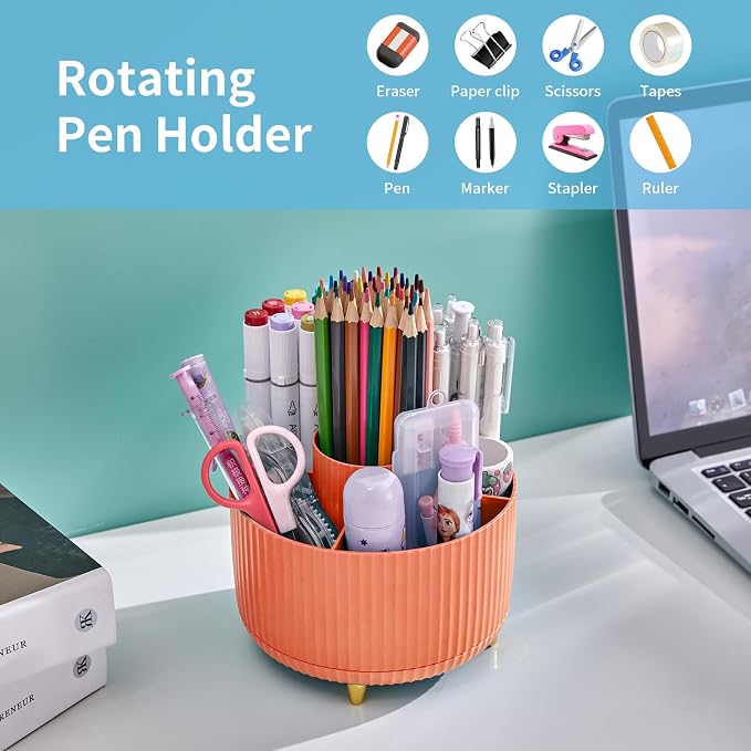 Marbrasse Desk Organizer, 360-Degree Rotating Pen Holder, Desk Organizers and Accessories with 5 Compartments Pencil Holder, Art Supply Storage Box Caddy for Office, Home（Orange）