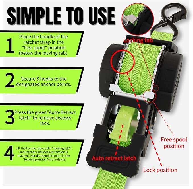 Retractable Ratchet Straps 1 Inch x 12 Feet Heavy Duty Tie Downs,1760lb Break Strength,Self Retracting for Truck,Cargo,Trailer,Motorcycle,ATV,UTV (Fluorescent Green, 4pack)