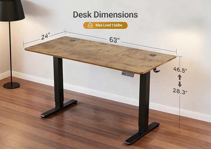YDN 63 x 24 Inch Rustic Brown Electric Standing Desk | Adjustable Height, Sit Stand, Cable Management, Ergonomic, Home Office
