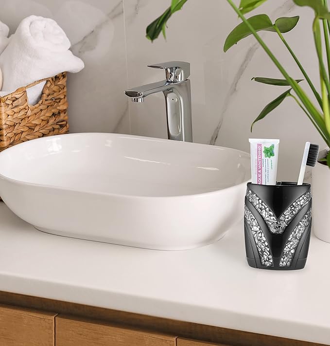 Zahari Home 4pc Sinatra Stylish Bathroom Accessories Set Black Soap Dispenser/Lotion Pump, Tumbler, Tooth Brush Holder and Soap Dish Modern Luxury Decor Bling Mosaic Glass Black Bathroom Accessories