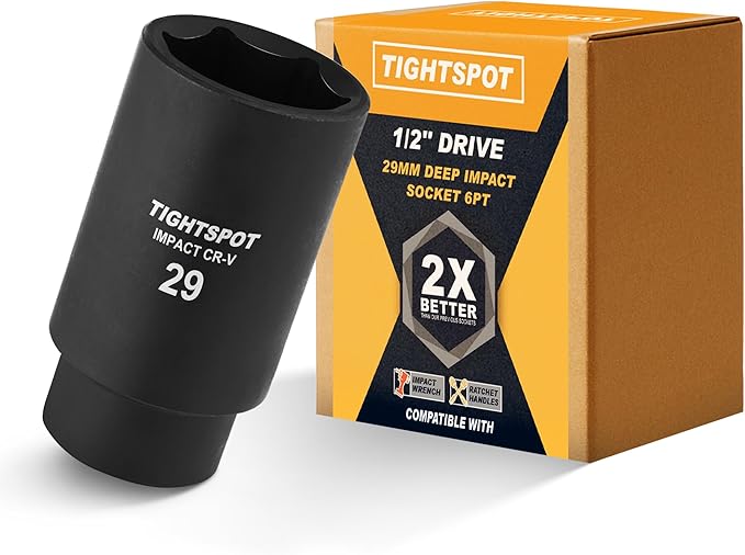 TIGHTSPOT 1/2 Inch Drive 29 mm Deep Impact Socket with Anti-Rounding 6 Point Design, Heat-Treated CRV Steel