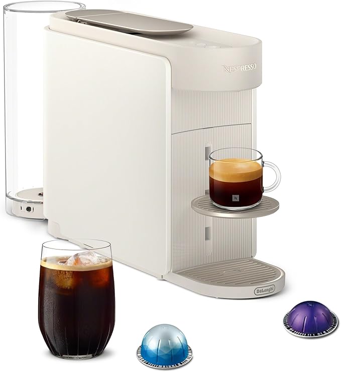 Nespresso Vertuo Up Coffee & Espresso Maker by De'Longhi, White | Pearl white coffee machine with 3 second start, 47 oz. multi-position water tank, iced coffee mode and app customization.