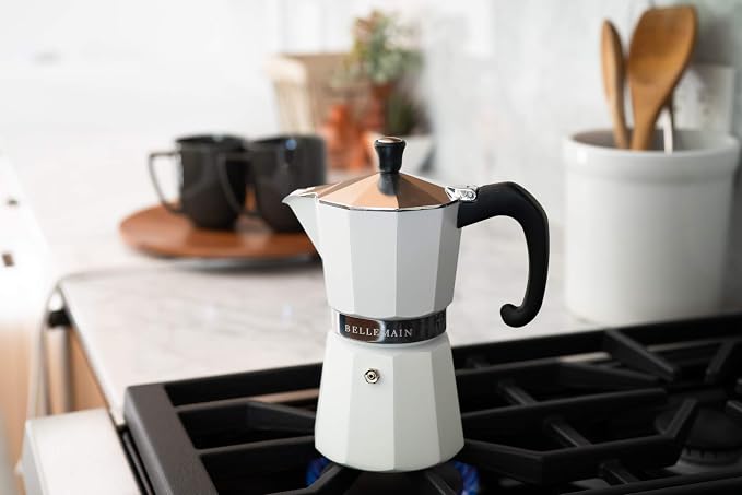 Bellemain Stovetop Espresso Maker, Italian Moka Pot, 9-Cup White | Classic aluminum design brews rich espresso at home or camping, with an easy-to-use and easy-to-clean design.
