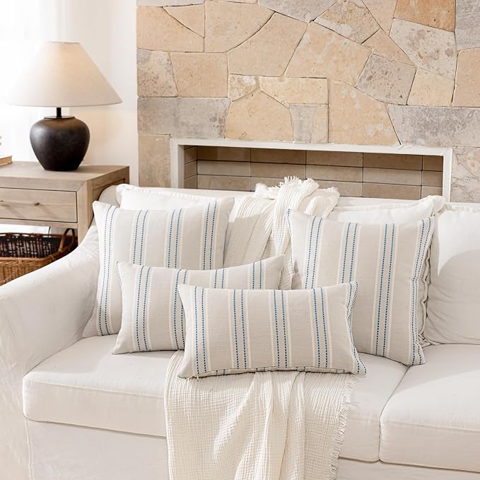Hckot Striped Throw Pillow Covers 12x20 Set of 2 Lake Blue Pillow Covers | Farmhouse Decorative Pillows Textured Linen Square Cushion Covers for Sofa Couch Bed Living Room Decor(Lake Blue)